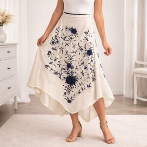 Russell Kemp Ivory Blue Floral Embroidered Handkerchief Hem Midi Skirt Sz 12 NWT